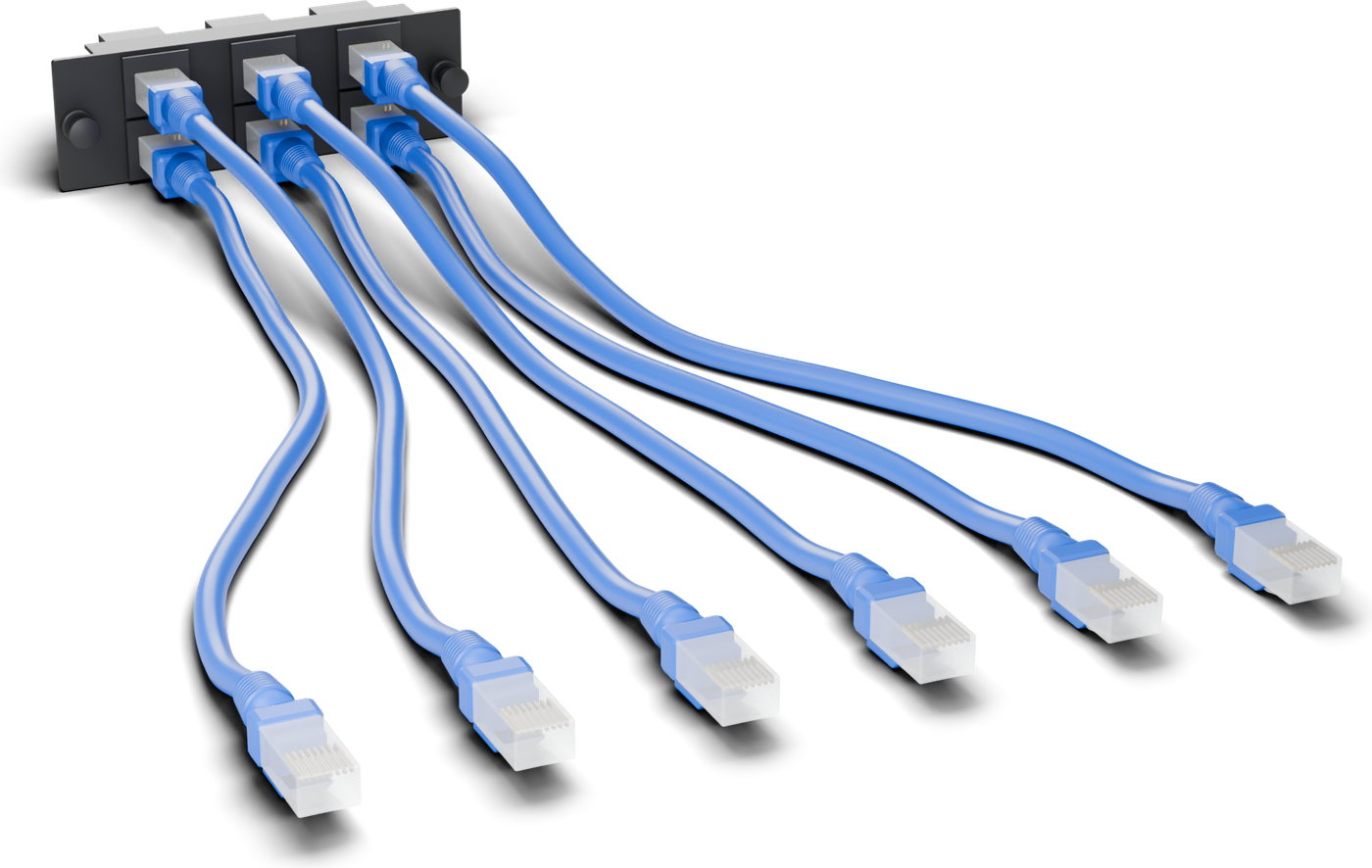 HDP-RJ45-6 plate with six Cat 6 jumpers plugged in.
