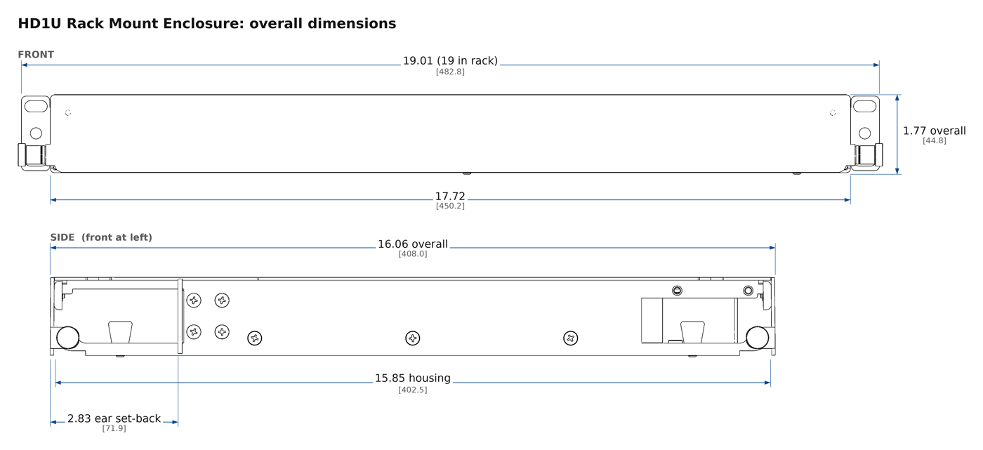 Front and side views. Dimensions in inches [mm].