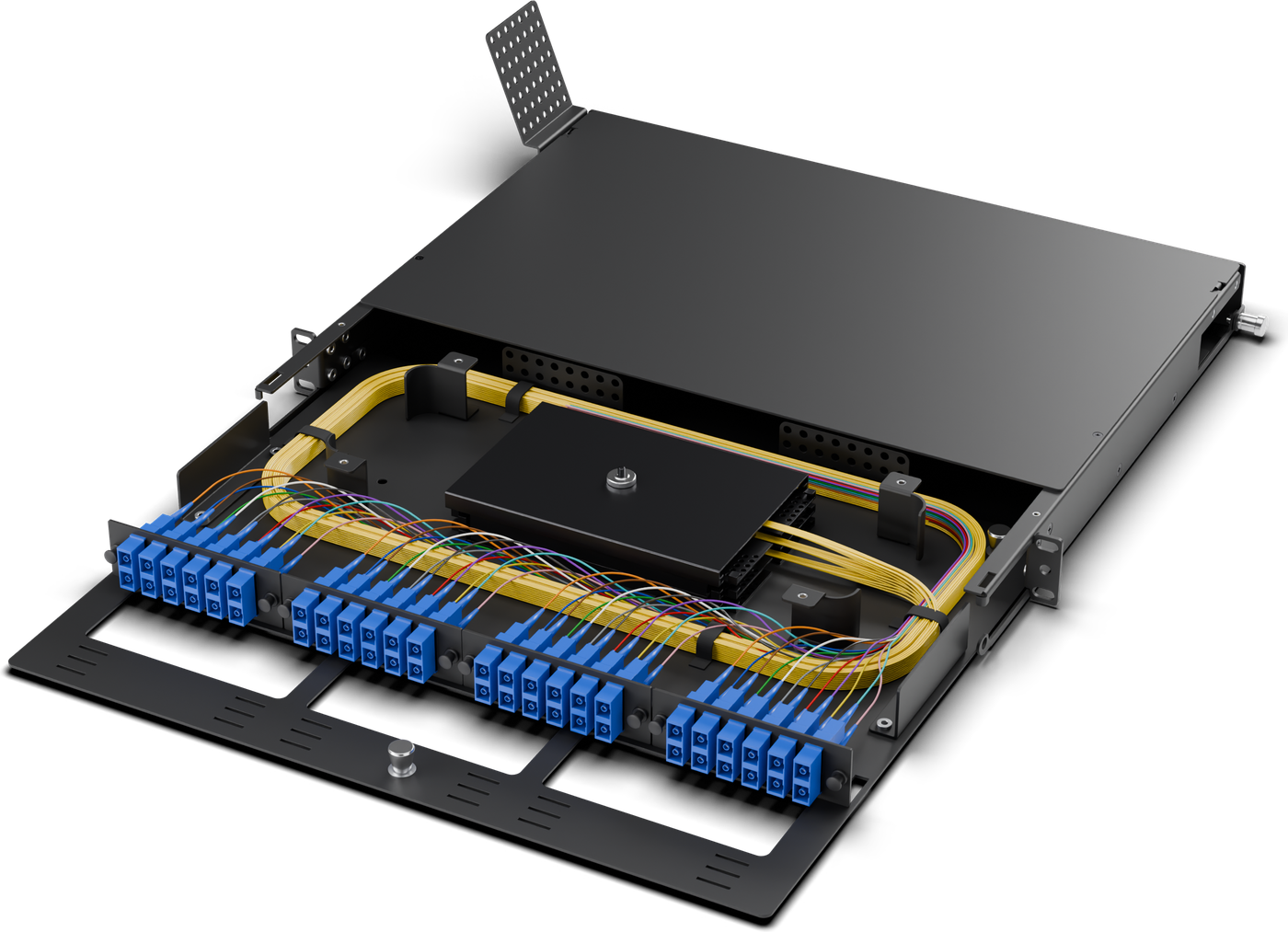 Loose tube build, 48F: 4x 12-port SC/UPC plates, 3 m loose-tube pigtails with color-coded 900 &micro;m ends, looped twice around the guides into black metallic splice trays.
