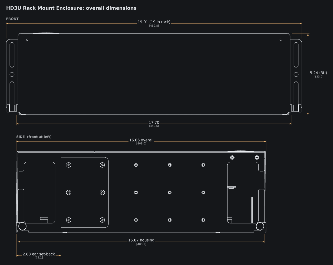 Front and side views, doors closed. Dimensions in inches [mm].