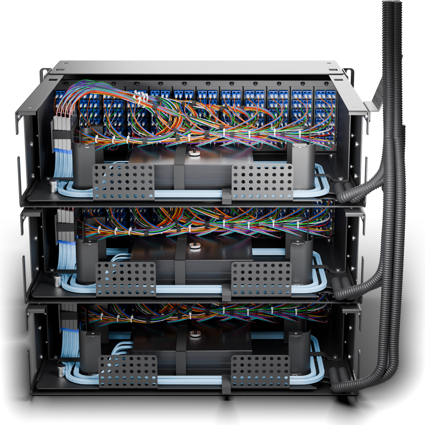 9U stack, rear, with rear lids and doors off: each unit loaded with the 288F ribbon and 4 splice trays; 864F total.