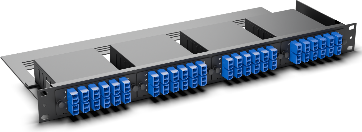 Four MPC-24-LC-A cassettes: 8 MTP-12 trunks in, 96 LC/UPC ports out.