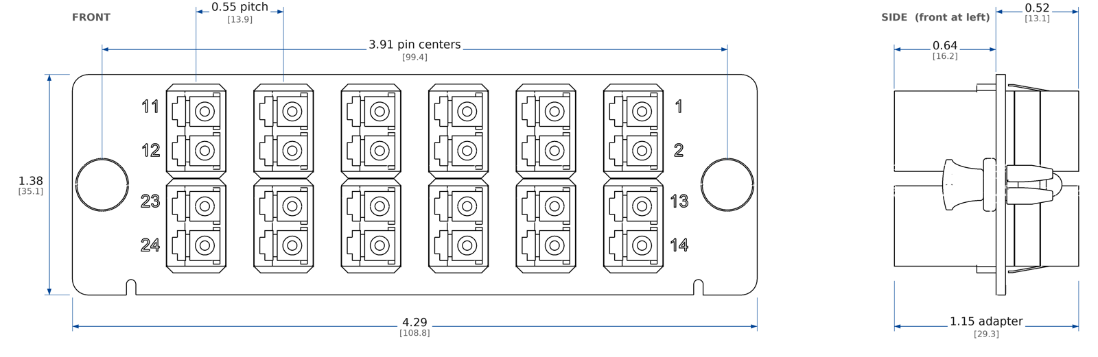 24-port LC plate (12x LC duplex), front and side views. Dimensions in inches [mm].