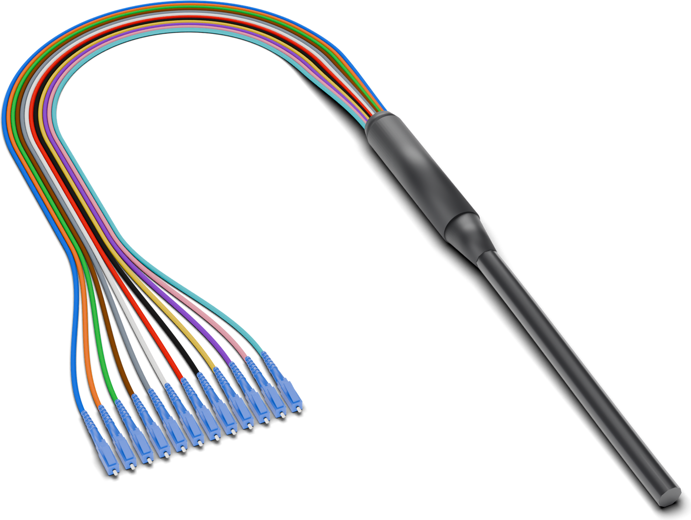 Shown: 12-fiber OSP assembly on a reel (left) and the 18" breakout end with 12 TIA-598, 2 mm, color-coded legs, LC/UPC (right). Connectors and leg length are set per order.