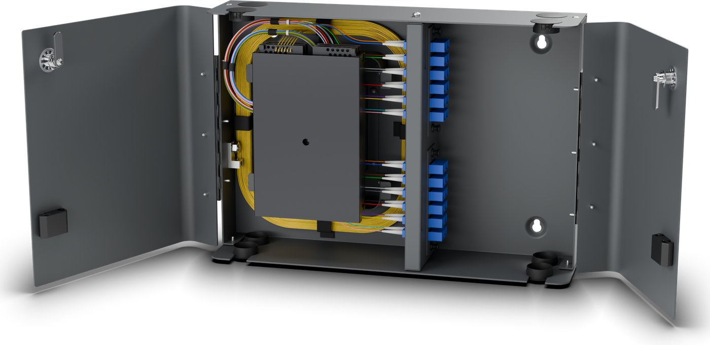 Loose tube build, 24F: 2x 12-port SC/UPC plates, color-coded 900 µm fan-outs, 3 m pigtails, black metallic splice trays.