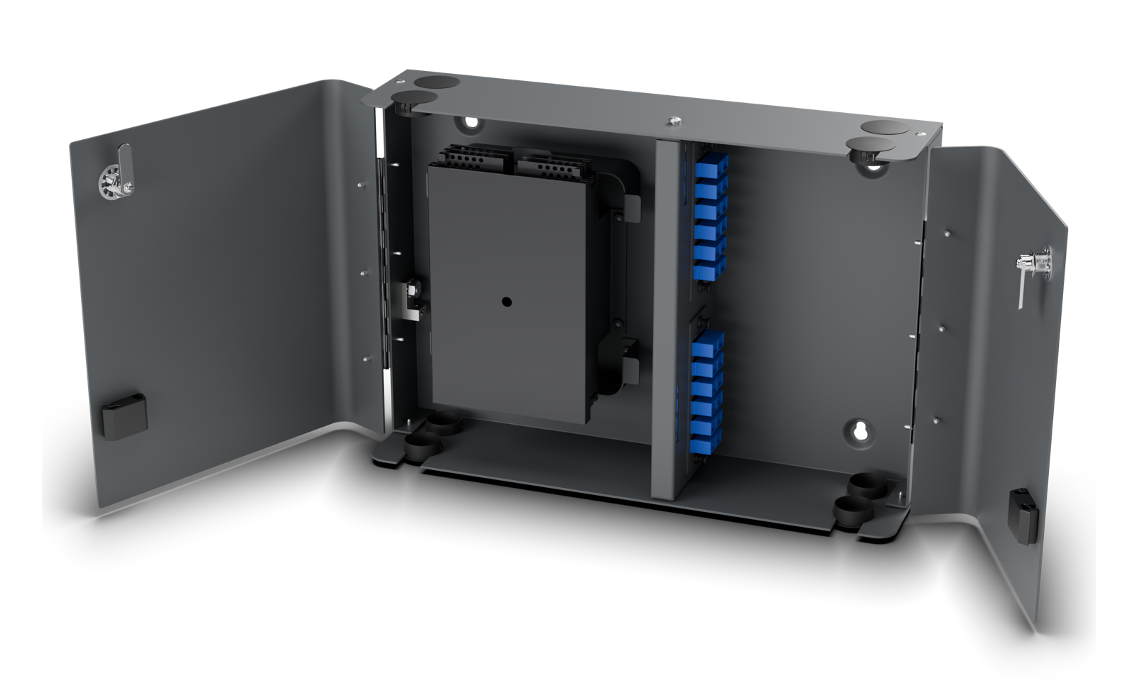 Doors open. 2x 12-port SC/UPC plates on the center partition; black metallic splice trays and radius guides on the left. Pigtails not pictured.