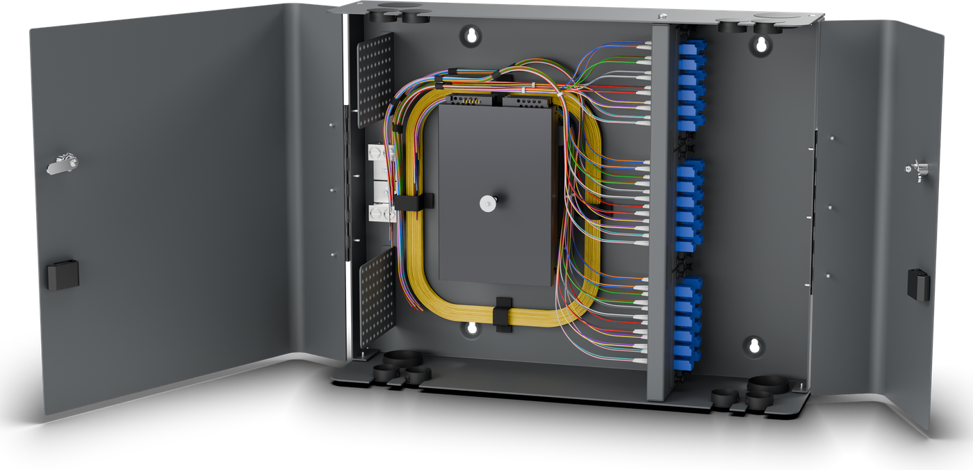 Loose tube build, 72F: 6x 12-port SC or LC plates, 900 µm loose tube singlemode pigtails, and black metallic splice trays.