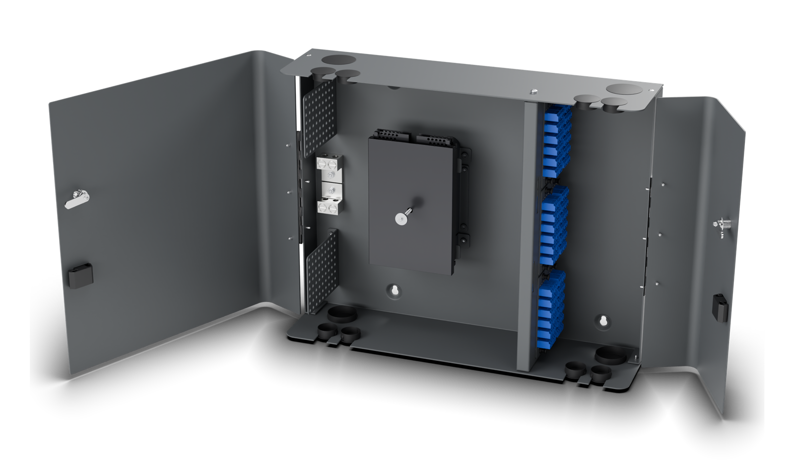 Doors open. Ribbon LC build, 144F: 6x 24-port LC/UPC plates and black metallic splice trays. Pigtails not pictured.